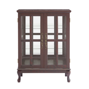 English Elm Dark Cherry Buffet Cabinet Queen Anne Legs LED Interior Grid Glass Doors Dining W2275P513670