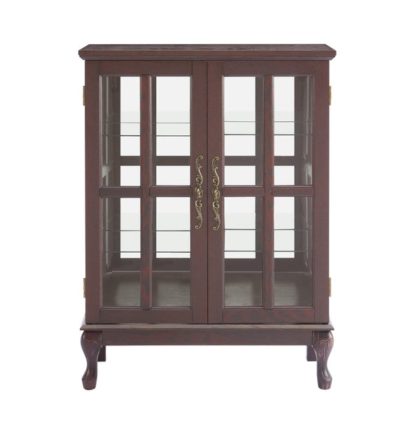 English Elm Dark Cherry Buffet Cabinet Queen Anne Legs LED Interior Grid Glass Doors Dining W2275P513670