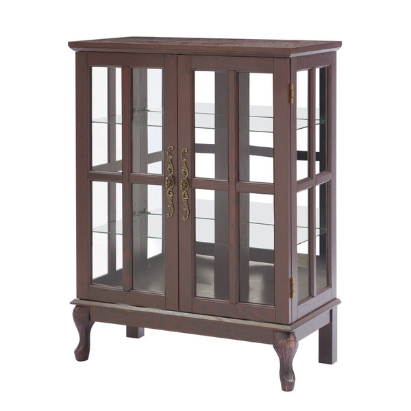 English Elm Dark Cherry Buffet Cabinet Queen Anne Legs LED Interior Grid Glass Doors Dining W2275P513670