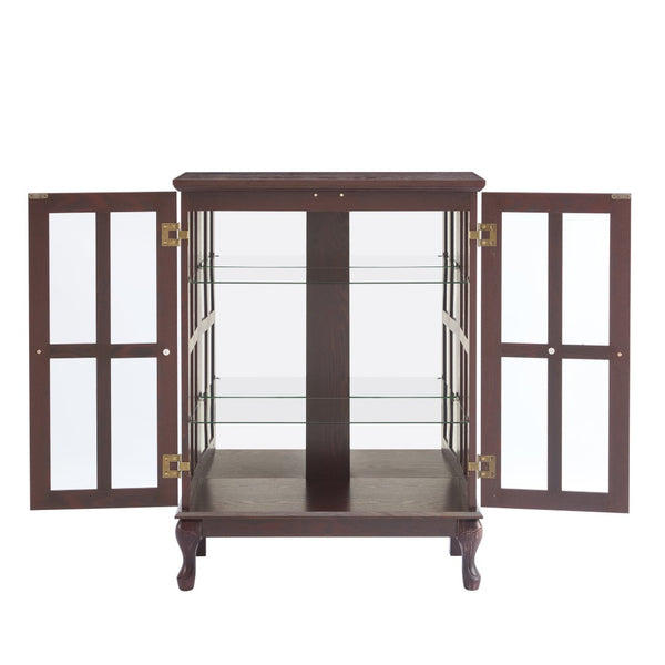 English Elm Dark Cherry Buffet Cabinet Queen Anne Legs LED Interior Grid Glass Doors Dining W2275P513670