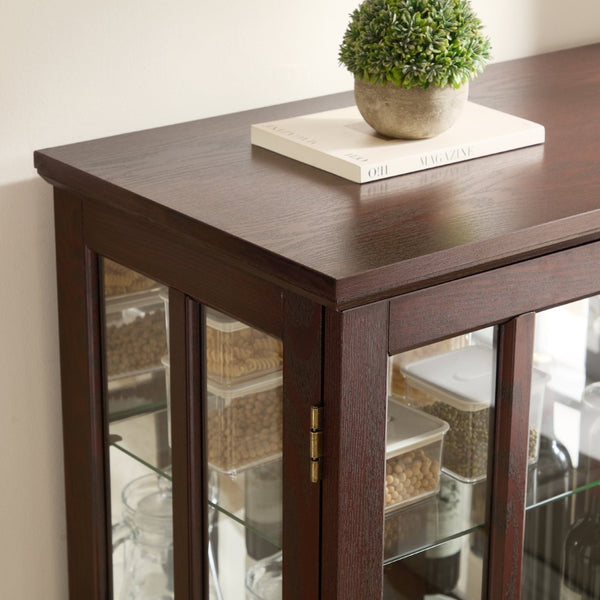 English Elm Dark Cherry Buffet Cabinet Queen Anne Legs LED Interior Grid Glass Doors Dining W2275P513670