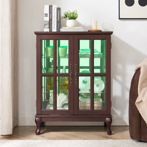 English Elm Dark Cherry Buffet Cabinet Queen Anne Legs LED Interior Grid Glass Doors Dining W2275P513670
