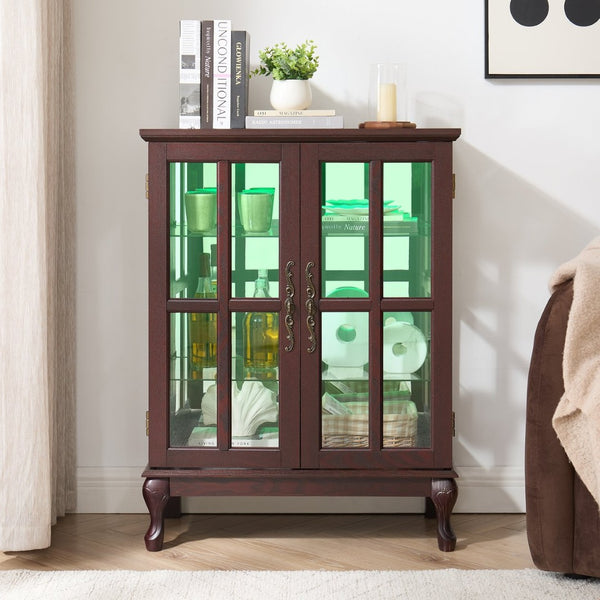 English Elm Dark Cherry Buffet Cabinet Queen Anne Legs LED Interior Grid Glass Doors Dining W2275P513670
