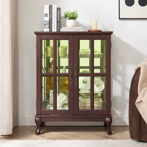 English Elm Dark Cherry Buffet Cabinet Queen Anne Legs LED Interior Grid Glass Doors Dining W2275P513670