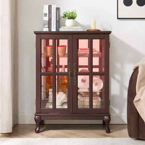 English Elm Dark Cherry Buffet Cabinet Queen Anne Legs LED Interior Grid Glass Doors Dining W2275P513670
