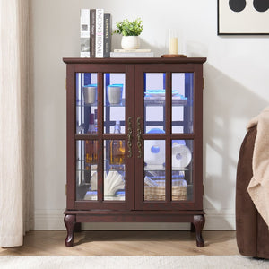 English Elm Dark Cherry Buffet Cabinet Queen Anne Legs LED Interior Grid Glass Doors Dining W2275P513670