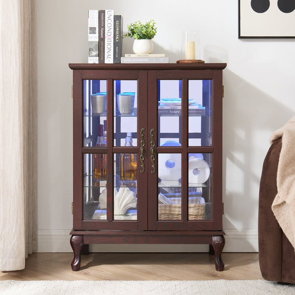 English Elm Dark Cherry Buffet Cabinet Queen Anne Legs LED Interior Grid Glass Doors Dining W2275P513670