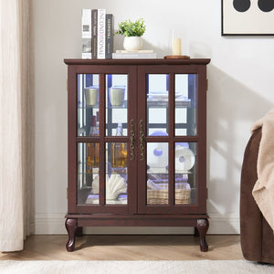 English Elm Dark Cherry Buffet Cabinet Queen Anne Legs LED Interior Grid Glass Doors Dining W2275P513670
