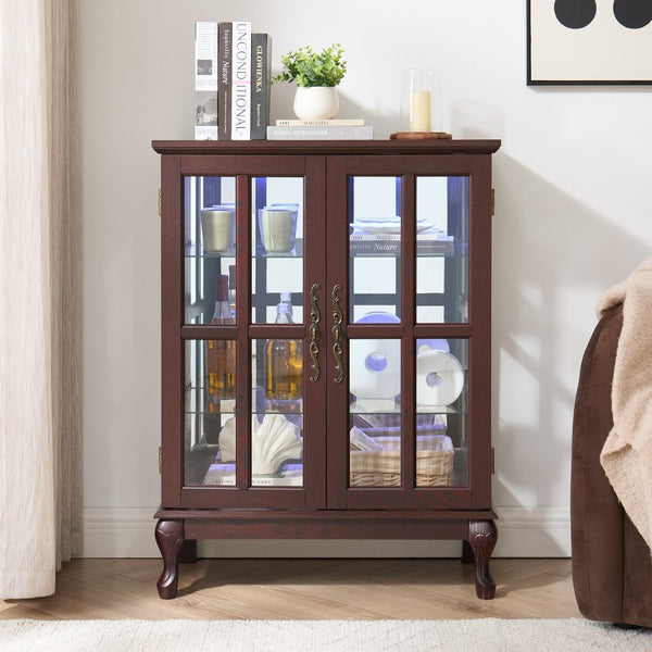 English Elm Dark Cherry Buffet Cabinet Queen Anne Legs LED Interior Grid Glass Doors Dining W2275P513670