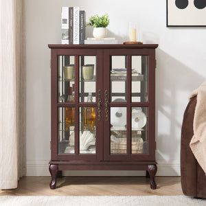 English Elm Dark Cherry Buffet Cabinet Queen Anne Legs LED Interior Grid Glass Doors Dining W2275P513670