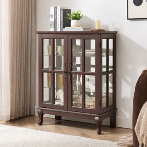 English Elm Dark Cherry Buffet Cabinet Queen Anne Legs LED Interior Grid Glass Doors Dining W2275P513670