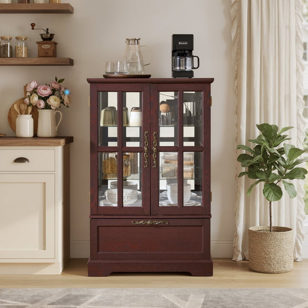 English Elm Dark Cherry Wood Display Cabinet with Glass Doors LED Lighting and Vintage Appeal W2275P513672