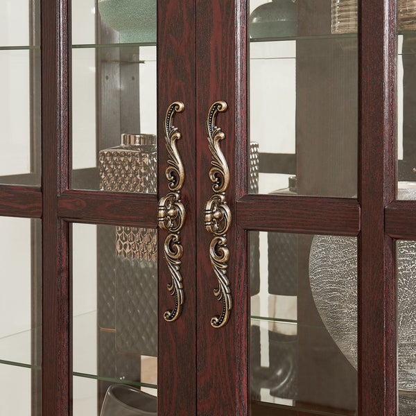 English Elm Dark Cherry Wood Display Cabinet with Glass Doors LED Lighting and Vintage Appeal W2275P513672