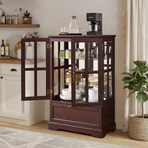 English Elm Dark Cherry Wood Display Cabinet with Glass Doors LED Lighting and Vintage Appeal W2275P513672