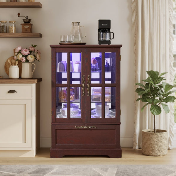 English Elm Dark Cherry Wood Display Cabinet with Glass Doors LED Lighting and Vintage Appeal W2275P513672