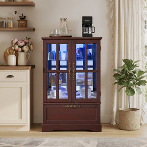 English Elm Dark Cherry Wood Display Cabinet with Glass Doors LED Lighting and Vintage Appeal W2275P513672