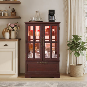 English Elm Dark Cherry Wood Display Cabinet with Glass Doors LED Lighting and Vintage Appeal W2275P513672
