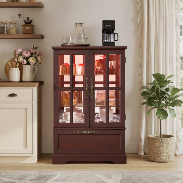 English Elm Dark Cherry Wood Display Cabinet with Glass Doors LED Lighting and Vintage Appeal W2275P513672