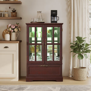 English Elm Dark Cherry Wood Display Cabinet with Glass Doors LED Lighting and Vintage Appeal W2275P513672
