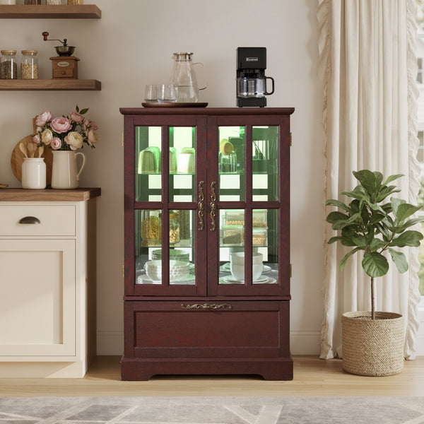 English Elm Dark Cherry Wood Display Cabinet with Glass Doors LED Lighting and Vintage Appeal W2275P513672