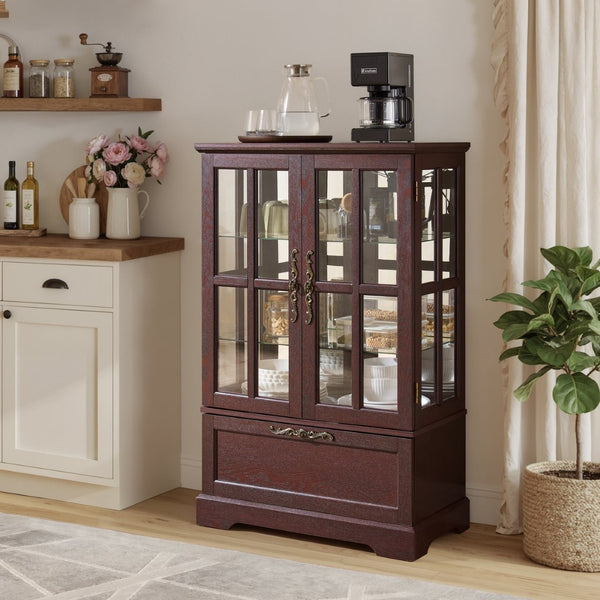 English Elm Dark Cherry Wood Display Cabinet with Glass Doors LED Lighting and Vintage Appeal W2275P513672