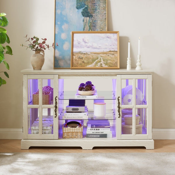 English Elm 2 Grid Glass Door Sideboard with Led Lighting Adjustable Shelves and Vintage Handles White W2275P513673