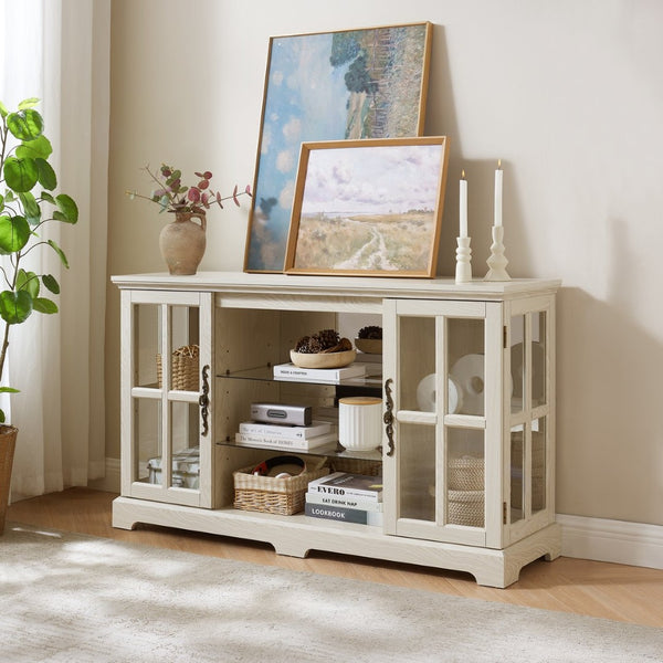 English Elm 2 Grid Glass Door Sideboard with Led Lighting Adjustable Shelves and Vintage Handles White W2275P513673