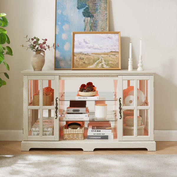 English Elm 2 Grid Glass Door Sideboard with Led Lighting Adjustable Shelves and Vintage Handles White W2275P513673