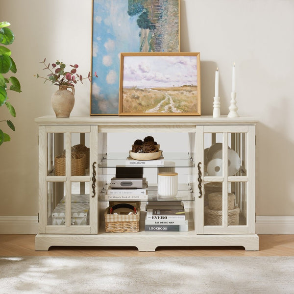 English Elm 2 Grid Glass Door Sideboard with Led Lighting Adjustable Shelves and Vintage Handles White W2275P513673