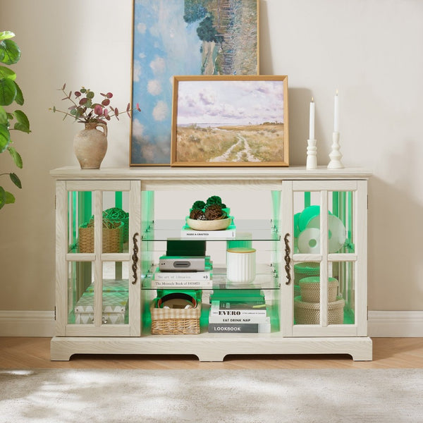 English Elm 2 Grid Glass Door Sideboard with Led Lighting Adjustable Shelves and Vintage Handles White W2275P513673