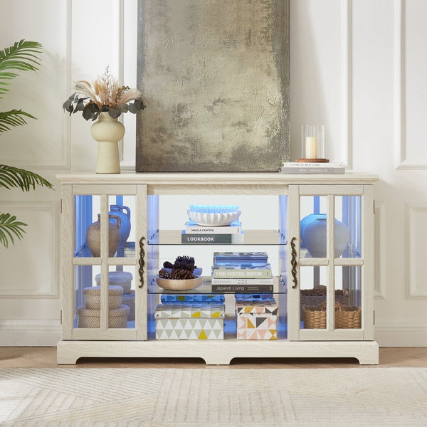 English Elm 2 Grid Glass Door Sideboard with Led Lighting Adjustable Shelves and Vintage Handles White W2275P513673
