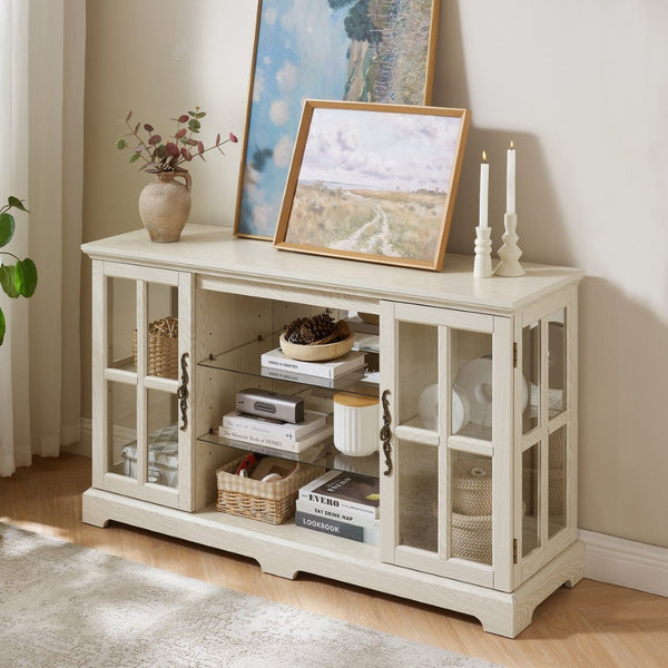 English Elm 2 Grid Glass Door Sideboard with Led Lighting Adjustable Shelves and Vintage Handles White W2275P513673