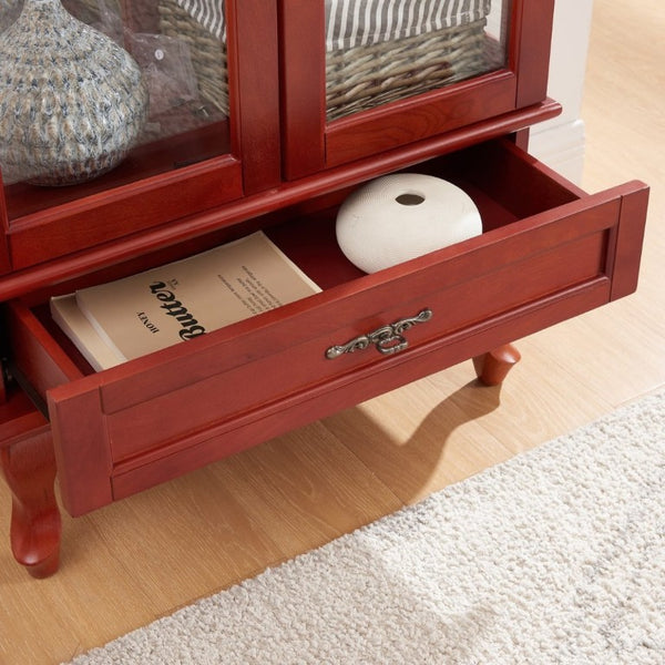 English Elm Lighted Cherry Curio Cabinet with Glass Doors Mirrored Back and Adjustable Shelves W2275P542384