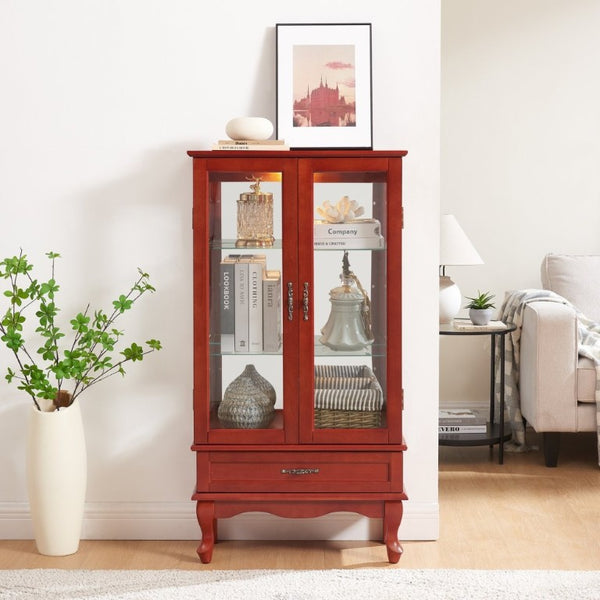 English Elm Lighted Cherry Curio Cabinet with Glass Doors Mirrored Back and Adjustable Shelves W2275P542384