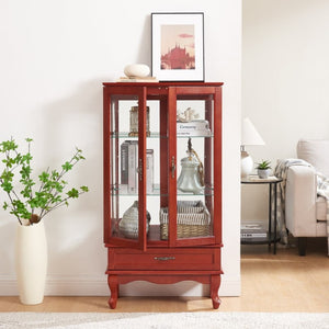 English Elm Lighted Cherry Curio Cabinet with Glass Doors Mirrored Back and Adjustable Shelves W2275P542384