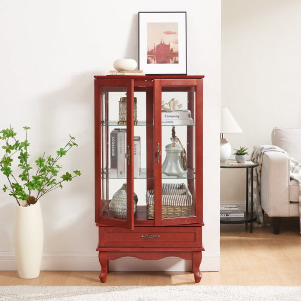 English Elm Lighted Cherry Curio Cabinet with Glass Doors Mirrored Back and Adjustable Shelves W2275P542384