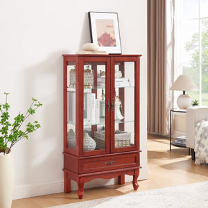 English Elm Lighted Cherry Curio Cabinet with Glass Doors Mirrored Back and Adjustable Shelves W2275P542384