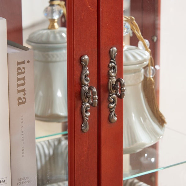 English Elm Lighted Cherry Curio Cabinet with Glass Doors Mirrored Back and Adjustable Shelves W2275P542384