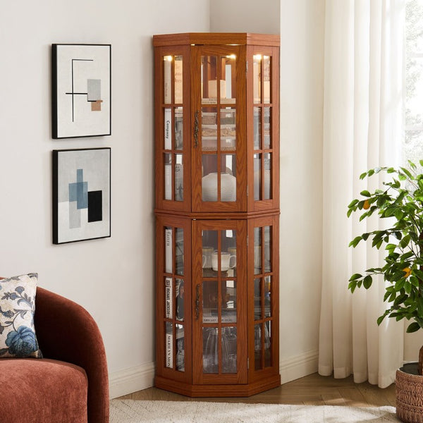 English Elm Lighted Oak Corner Display Cabinet Tall Glass Door Cupboard for Living Room W2275P554682