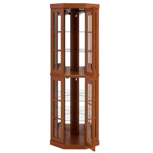 English Elm Lighted Oak Corner Display Cabinet Tall Glass Door Cupboard for Living Room W2275P554682
