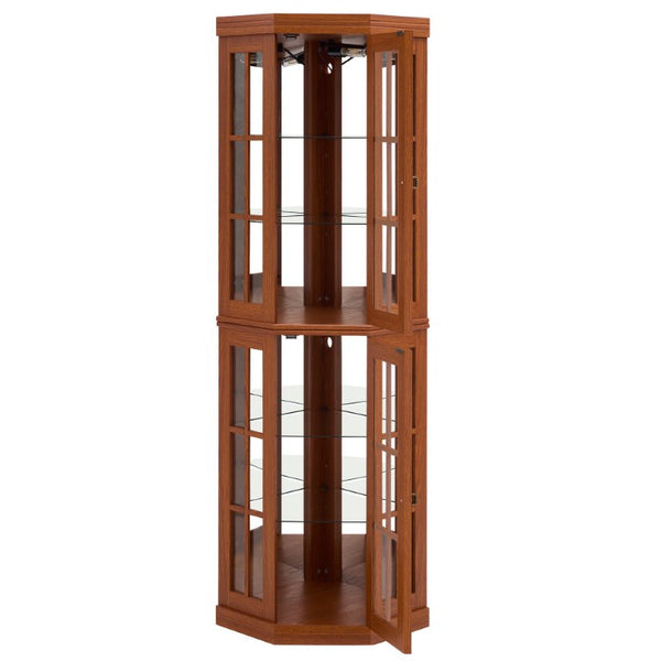 English Elm Lighted Oak Corner Display Cabinet Tall Glass Door Cupboard for Living Room W2275P554682