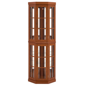 English Elm Lighted Oak Corner Display Cabinet Tall Glass Door Cupboard for Living Room W2275P554682