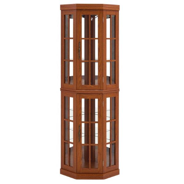English Elm Lighted Oak Corner Display Cabinet Tall Glass Door Cupboard for Living Room W2275P554682