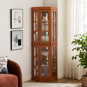 English Elm Lighted Oak Corner Display Cabinet Tall Glass Door Cupboard for Living Room W2275P554682