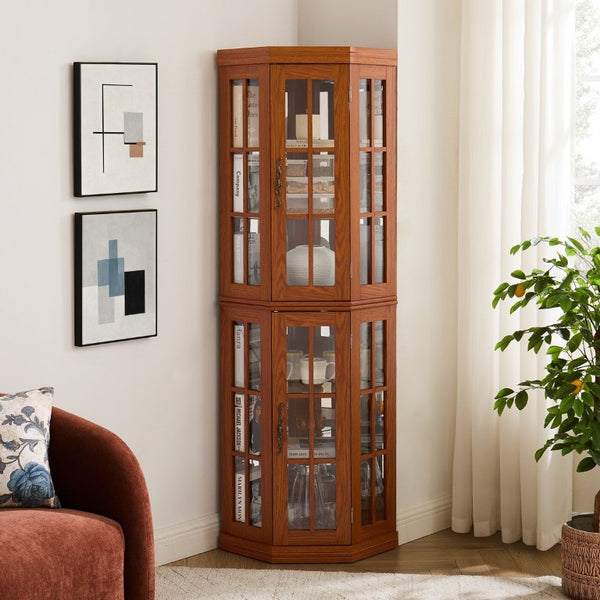 English Elm Lighted Oak Corner Display Cabinet Tall Glass Door Cupboard for Living Room W2275P554682