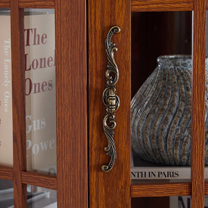 English Elm Lighted Oak Corner Display Cabinet Tall Glass Door Cupboard for Living Room W2275P554682