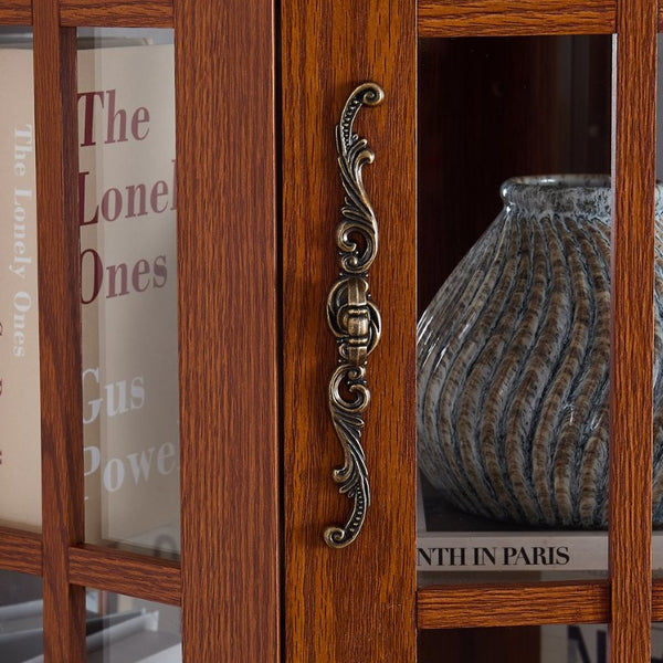 English Elm Lighted Oak Corner Display Cabinet Tall Glass Door Cupboard for Living Room W2275P554682
