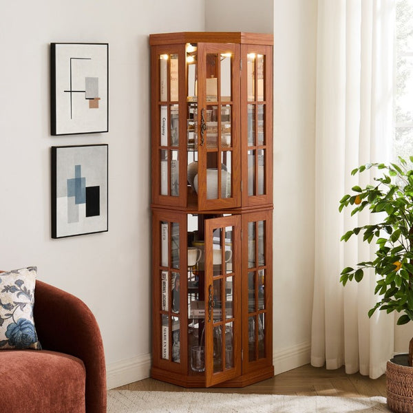 English Elm Lighted Oak Corner Display Cabinet Tall Glass Door Cupboard for Living Room W2275P554682