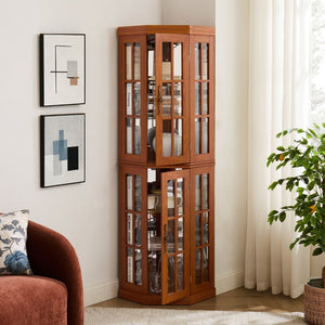 English Elm Lighted Oak Corner Display Cabinet Tall Glass Door Cupboard for Living Room W2275P554682
