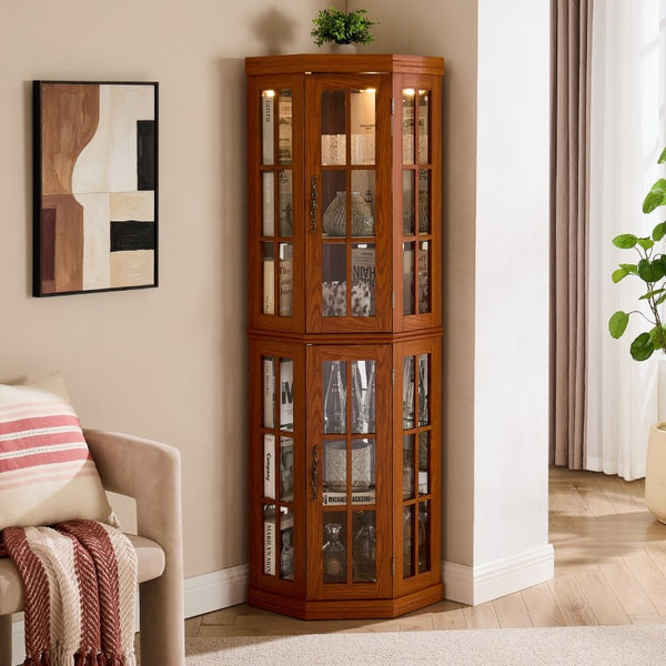 English Elm Lighted Oak Corner Display Cabinet Tall Glass Door Cupboard for Living Room W2275P554682